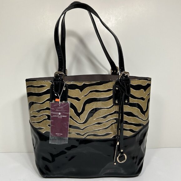 NWT David Jones Paris Women Tote Bag Black Patent Leather Animal Print Bag Charm - Picture 1 of 6
